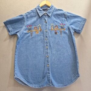 Basic Editions‎ Women's Chambray Garden Themed Short Sleeve Shirt Size Medium